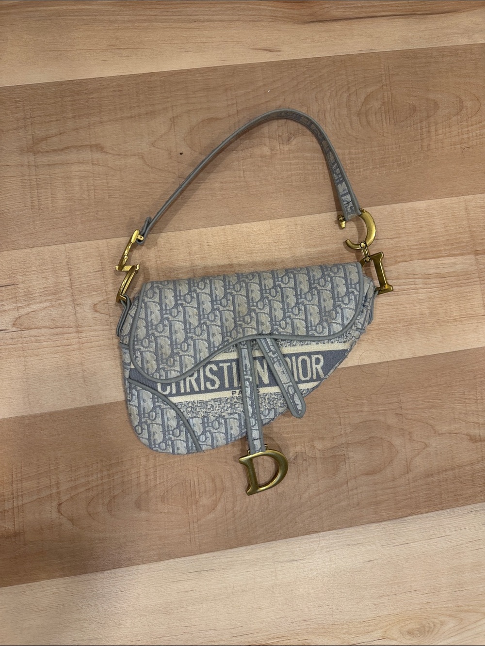 Dior Light Blue Oblique Canvas Saddle Mini Bag with Gold Hardware